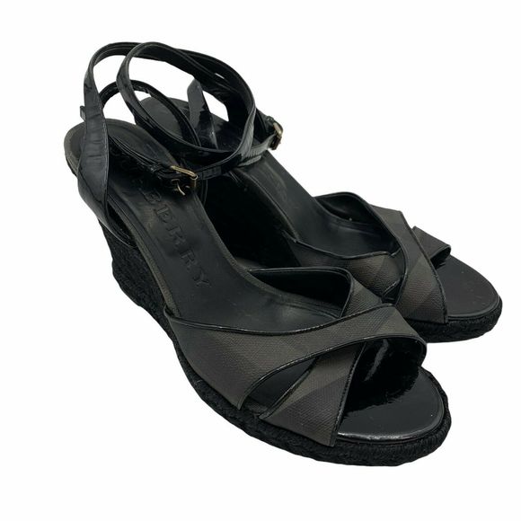 Burberry | Shoes | Burberry Black Espadrilles Ankle Wedges Size 9 ...